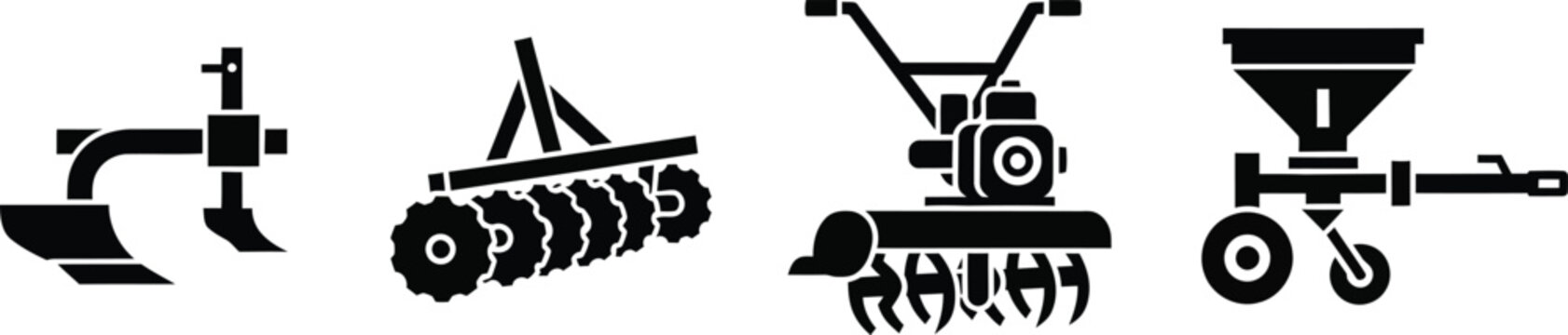 Black silhouettes of gardening tools, including a spade, cultivator, rototiller, and wheelbarrow