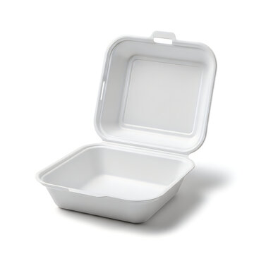 Empty white plastic takeout food container with lid