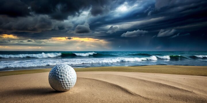 A solitary golf ball rests on a sandy beach, dramatic ocean waves crash against the shore under a stormy sky, sunset hues peek through the clouds