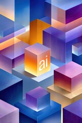 Plakat Glowing AI cube in abstract colorful geometric composition representing modern technology and innovation