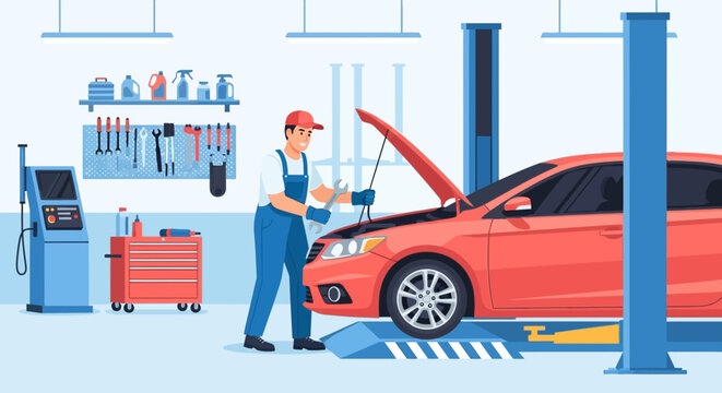 Mechanic working on red car in garage, automotive repair service concept