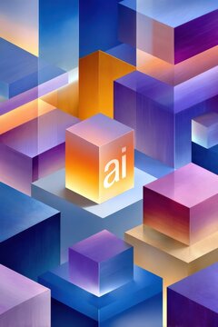Glowing AI cube in abstract colorful geometric composition representing modern technology and innovation