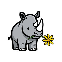 Fototapeta premium Cute gray rhinoceros holding a yellow flower in its mouth