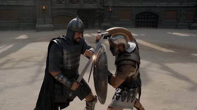 Epic Fantasy Knights Duel In Sunlit Amphitheater Cinematic Movie Sequence
