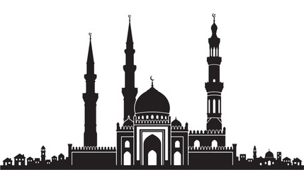 Mosque Skyline Silhouette Vector with Domes, Minarets, and Arch Gate, Architectural Landmark Illustration on White Background © Diego