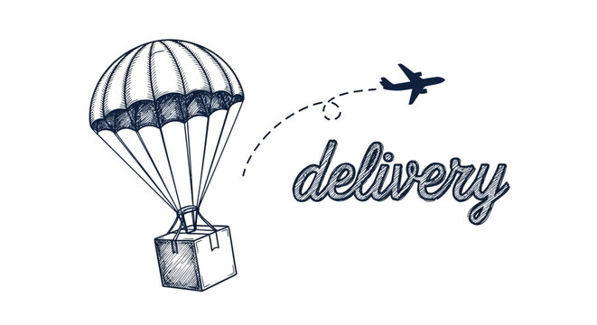 Delivery parachute with package and airplane, logistics concept, shipping background