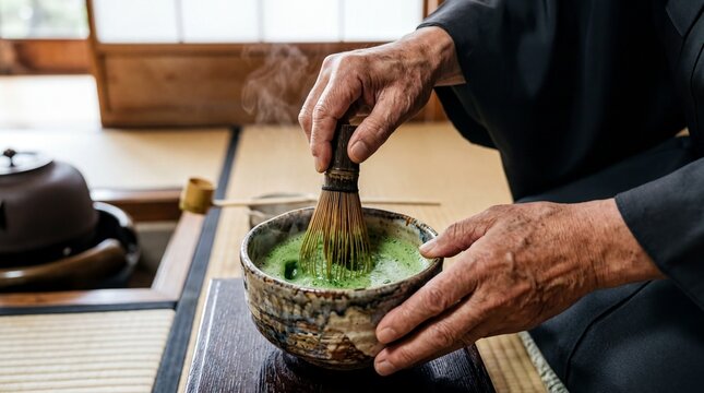cultural traditions, a close-up captures a tea masters hands skillfully whisking matcha