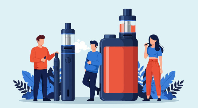 People using e-cigarettes, vaping devices, illustration, health risks concept, for business