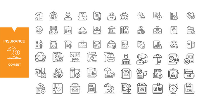 Insurance Icon Set: A comprehensive collection of minimalist line icons representing various aspects of insurance, including protection, finance, security, and family well-being.