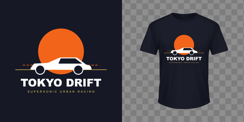 Tokyo drift car graphic with sun and text, retro style for t-shirt. © Ai Studio 