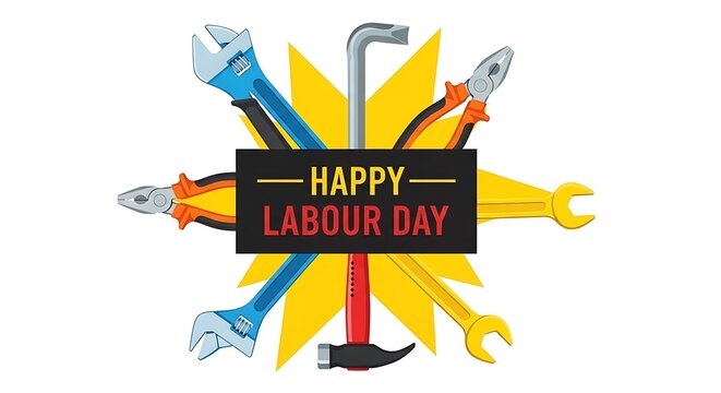 Happy labour day illustration with tools and starburst design