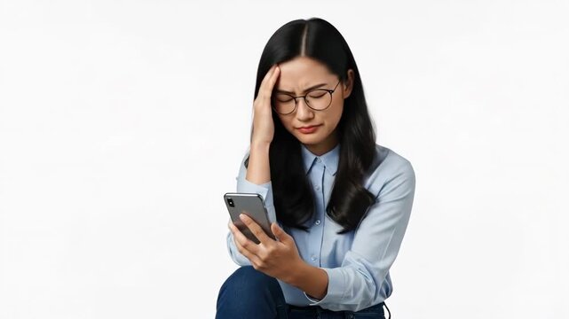 Woman looking stressed while using her smartphone in deep thought