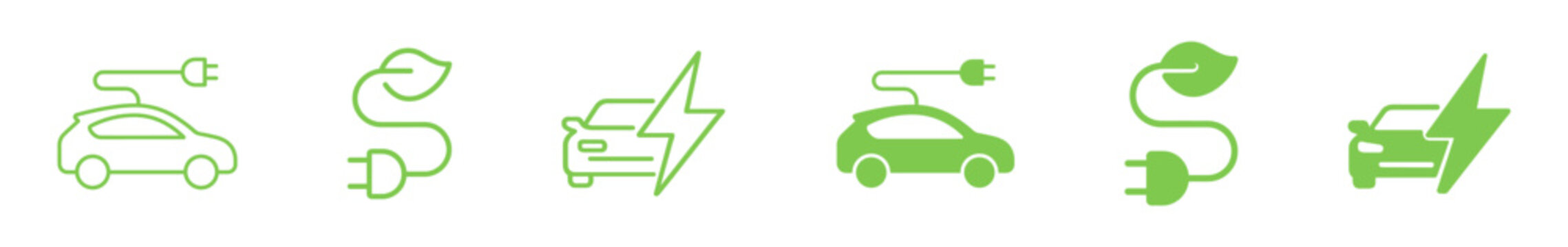 Electric vehicle charging icon set with battery, cable and eco transport symbols on transparent background