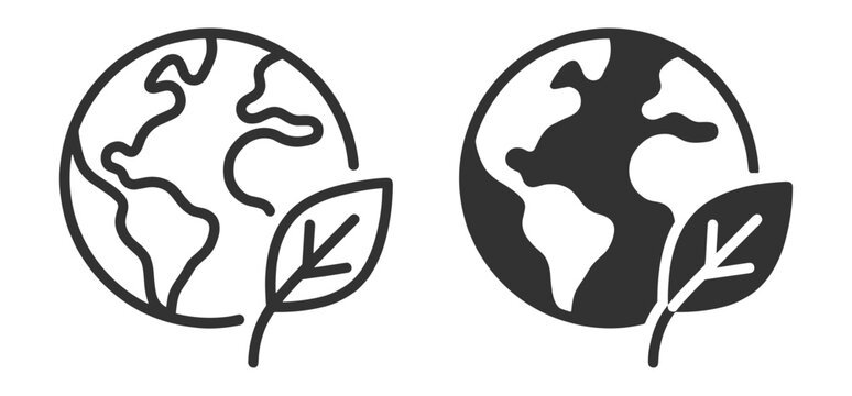 Earth ecology icon with globe, leaf and environmental sustainability symbol on transparent background
