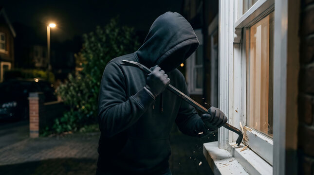 A masked burglar wearing a black hoodie and gloves uses a crowbar to break into a residential house window at night.