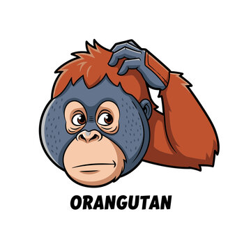Delightful cartoon orangutan character thoughtfully scratching its head, conveying a sense of confusion or deep thought, perfect for engaging educational content and charming animal-themed designs