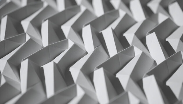 Miura fold origami tessellation texture with 3D geometric zigzag pattern on white paper