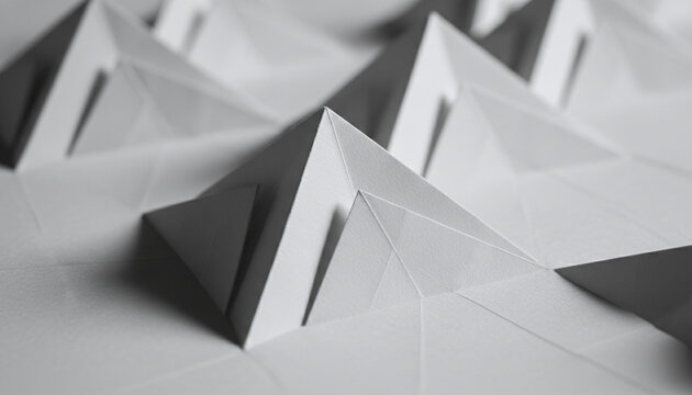 Miura fold origami tessellation texture with 3D geometric zigzag pattern on white paper
