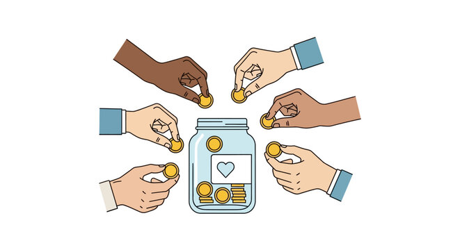Diverse hands putting coins into jar.