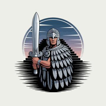Warrior in armor holding sword.