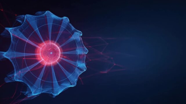 Abstract futuristic technology with glowing red core and intricate blue geometric patterns. ..Created with Generative AI, not depicting real subjects.