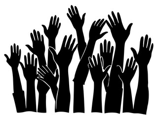 Fototapeta premium Black Silhouette of Raised Hands Volunteering and Voting Group Isolated on White Background Vector Illustration