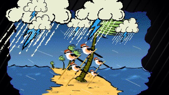 A flock of small birds caught in a thunderstorm and strong winds in a coconut tree on the beach at night.