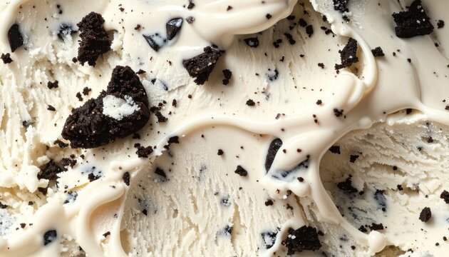 Macro texture shot of cookies and cream ice cream showing dark crushed cookie chunks against creamy white base.
