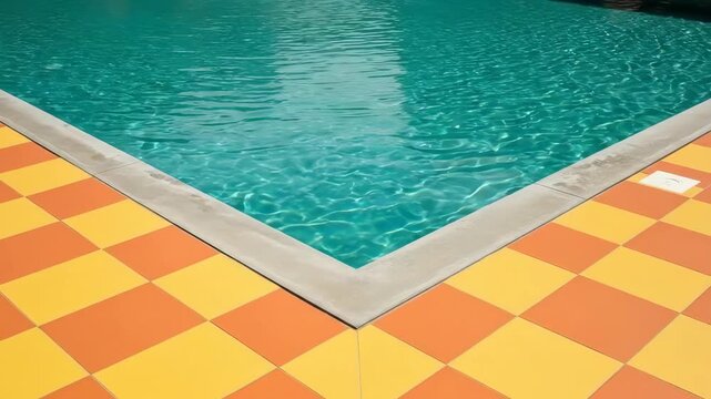 Corner view of a rectangular swimming pool with vibrant tiled decking