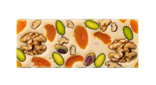 White nougat bar with dried apricots, pistachios, and walnuts as clean cutout