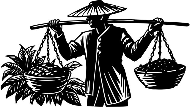 Asian Farmer Carrying Shoulder Pole with Baskets Silhouette Vector