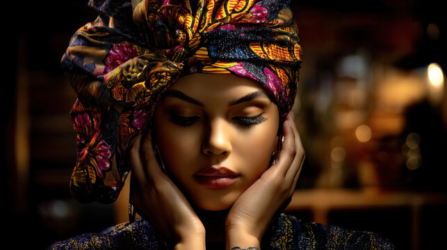 Portrait woman headwrap headscarf African beauty fashion makeup serene closeup juneteenth celebration portrait of African woman with colorful