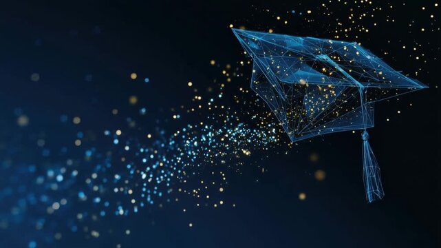 A digital graduation cap, illuminated with glowing particles, ascends into the darkness. ..Created with Generative AI, not depicting real subjects.