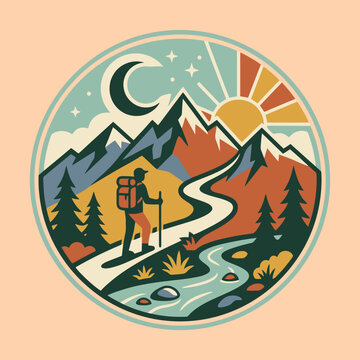 A hiker walks along a path near mountains in a circle