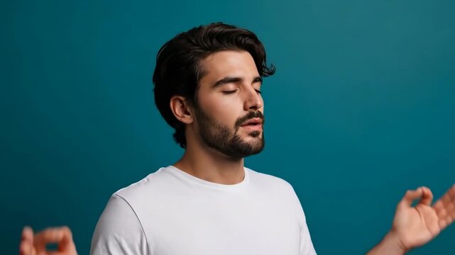 Man practicing yoga mudra with eyes closed in serene pose