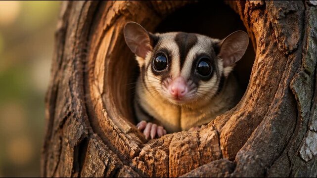 A curious sugar glider peeks out from a deep hollow in a textured tree trunk while its tiny whiskers twitch in the soft forest light, showcasing the beauty of nocturnal wildlife in its habitat.