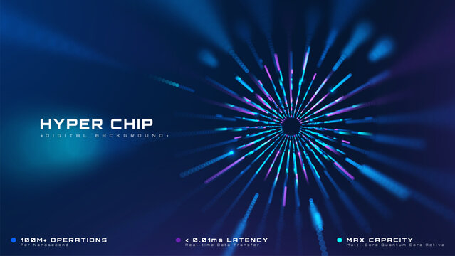 Abstract digital technology background with a glowing blue microchip core. Quantum computing concept showing a fast data network with cyan and purple rays. Vector illustration.