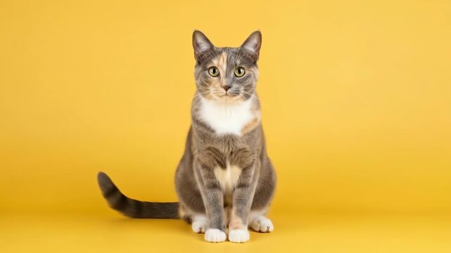 Elegant calico cat sitting gracefully against bright background