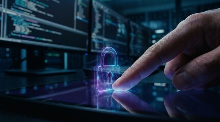 Fototapeta premium Finger Tapping Glowing Security Padlock Icon on Tablet Screen in Data Center