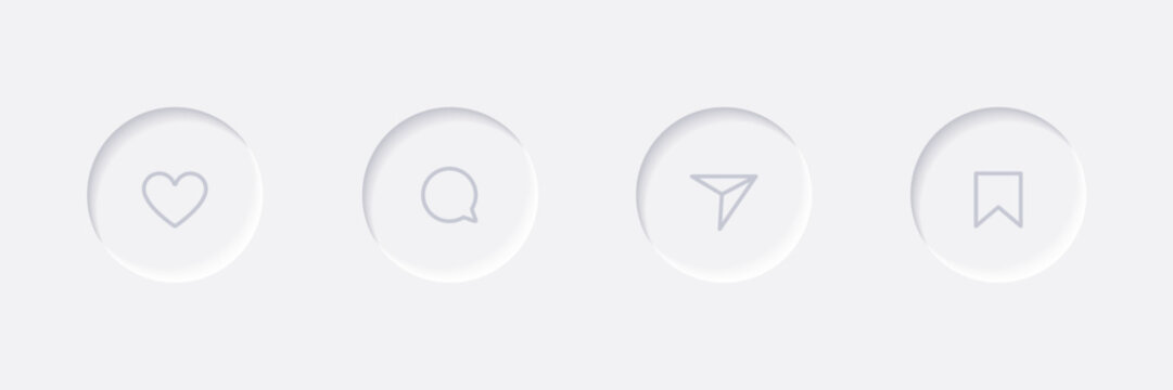 Neumorphism social media UI elements. Like, comment, share and save button set. Minimalist modern design for user interface, apps and websites. Vector illustration