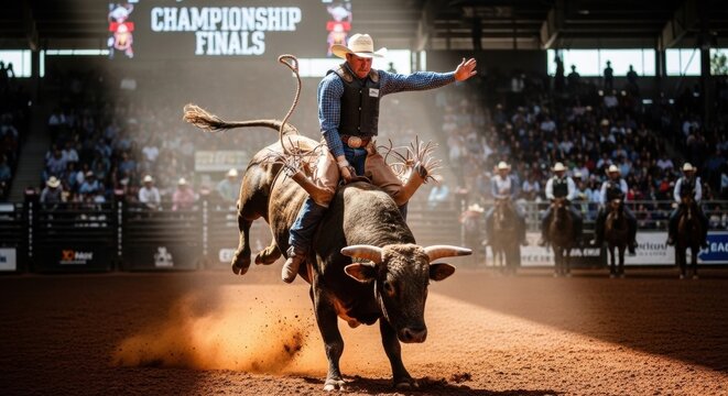Professional Cowboy Riding a Bucking Bull at a Championship Rodeo Event