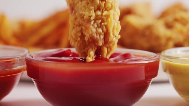 Close up shot of hand dipping wings into ketchup. Tasty set of french fries, chicken wings, nuggets and onion rings. Fast food concept. High quality 4k footage