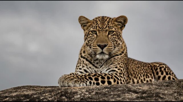 A majestic leopard rests atop a large weathered granite boulder under an overcast sky as its fur ripples slightly in the wind, showcasing the powerful beauty of this wild African predator.