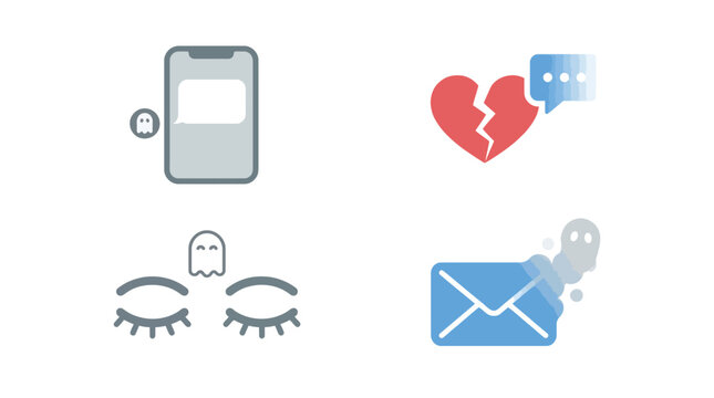 minimalist icons illustrating the concept of ghosting in modern communication and relationships, featuring a phone, broken heart, closed eyes, and an email envelope with a disappearing ghost.