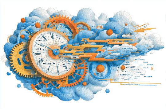 colored pencil style illustration of analog clock transforming into digital data stream with binary code on white background