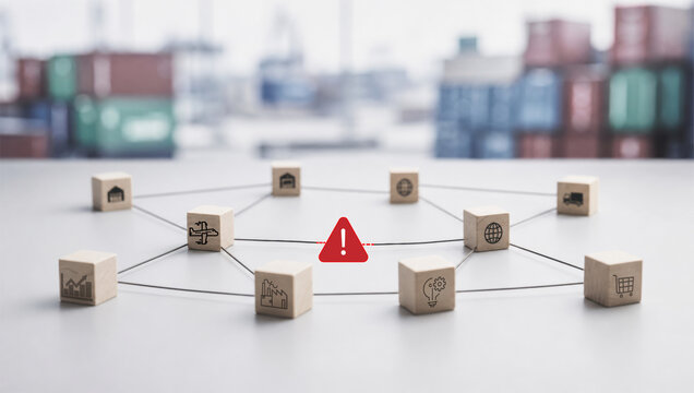 supply chain management logistics risk management. Wooden blocks with supply chain icons connected by lines and a red warning triangle in the center, blurred containers back...