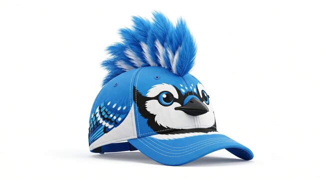 Blue jay bird themed baseball cap isolated on white background