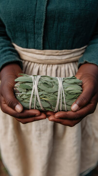 Juneteenth hand herb bundle sage twine apron green leaf harvest rustic moment with African American woman holding tied sage bundle for cooking