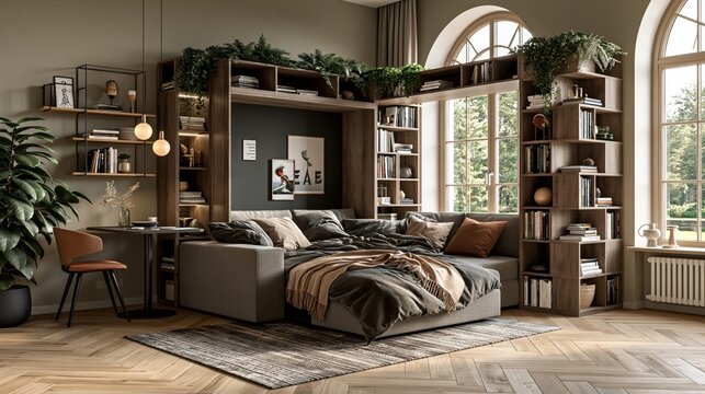 Modern studio apartment interior with integrated sofa bed and bookshelves