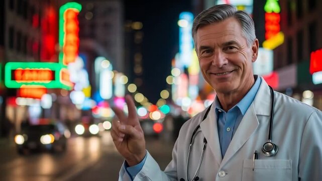 Doctor making peace sign amidst vibrant city nightlife backdrop